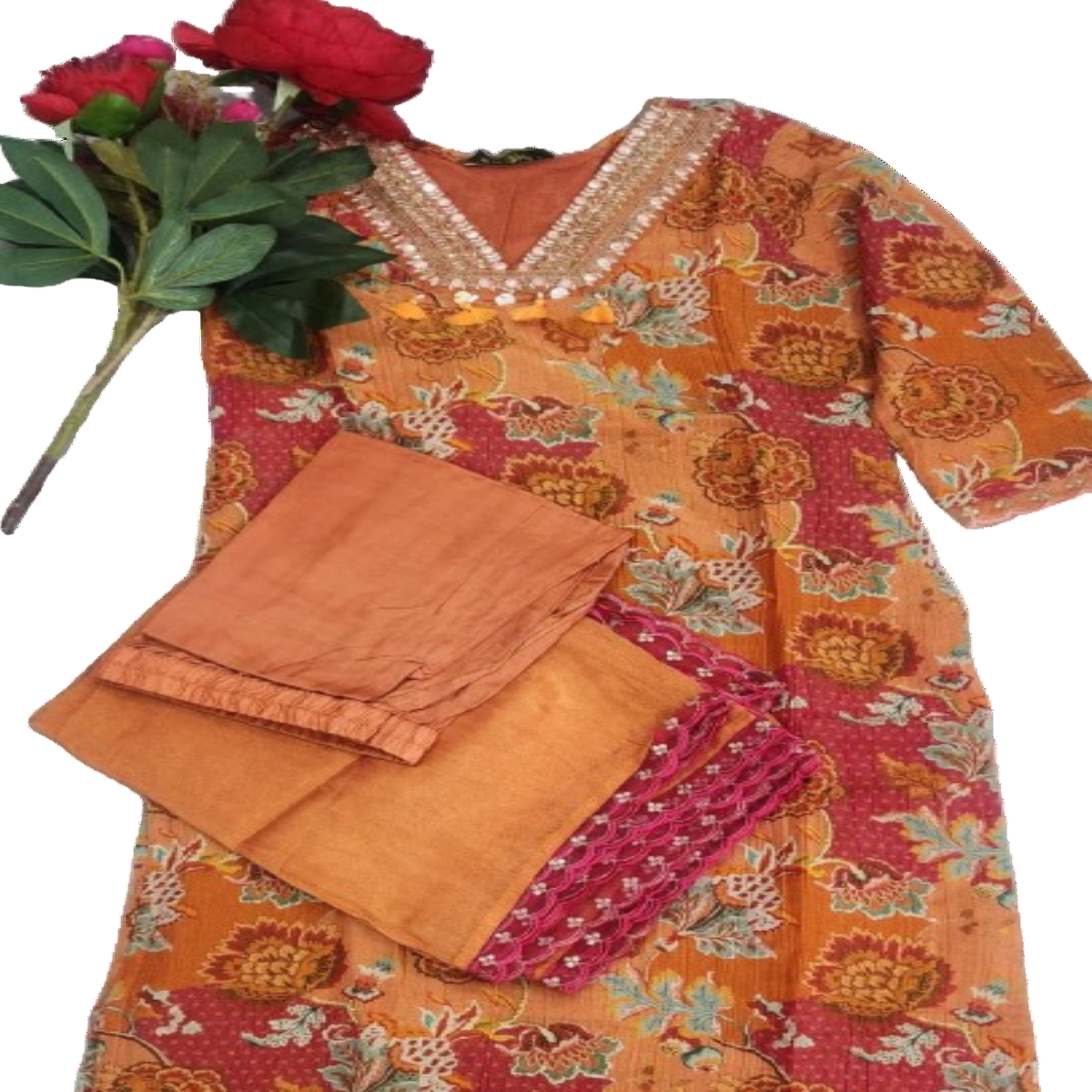 3PC V-Neck Floral Orange