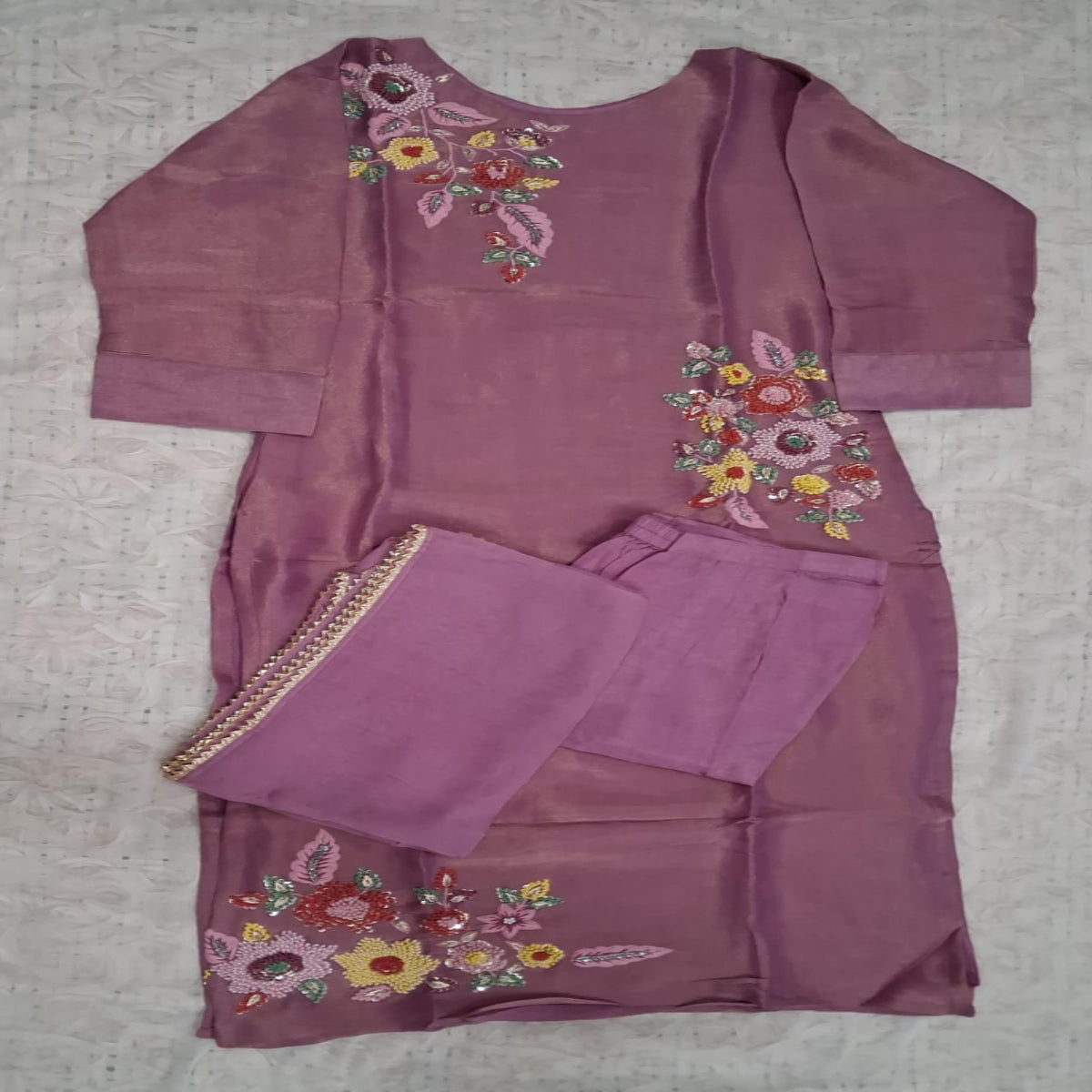 Mauve Hand-Embroidered Tissue 3-Piece Suit Set