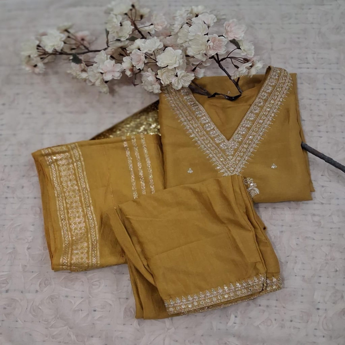 Mustard Yellow Embroidered Roman Silk 3 Piece Set