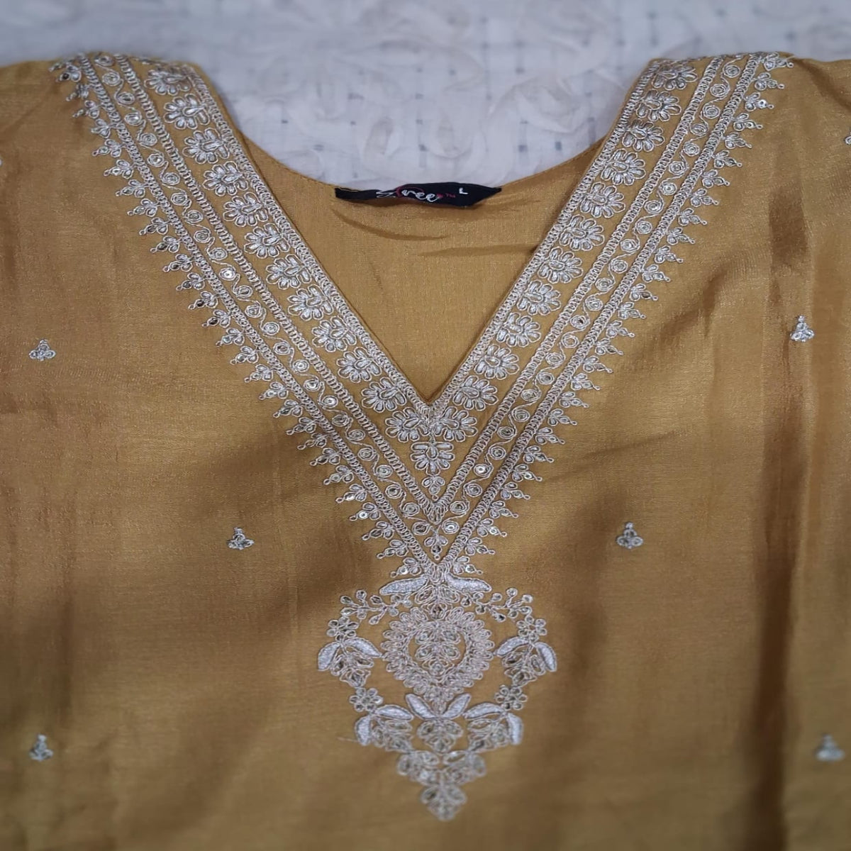 Mustard Yellow Embroidered Roman Silk 3 Piece Set