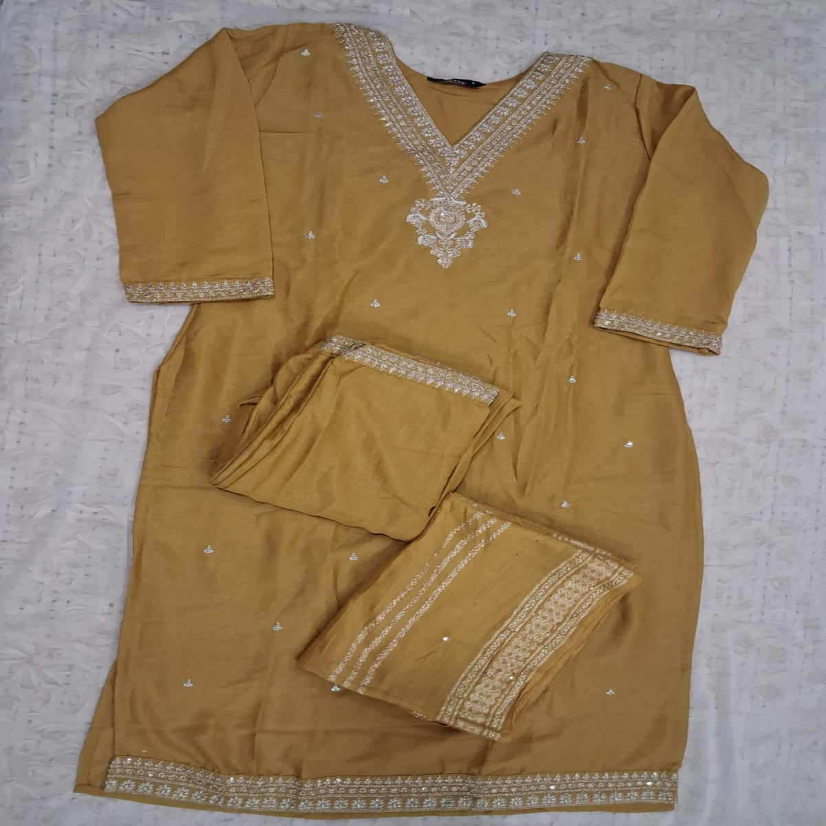 Mustard Yellow Embroidered Roman Silk 3 Piece Set