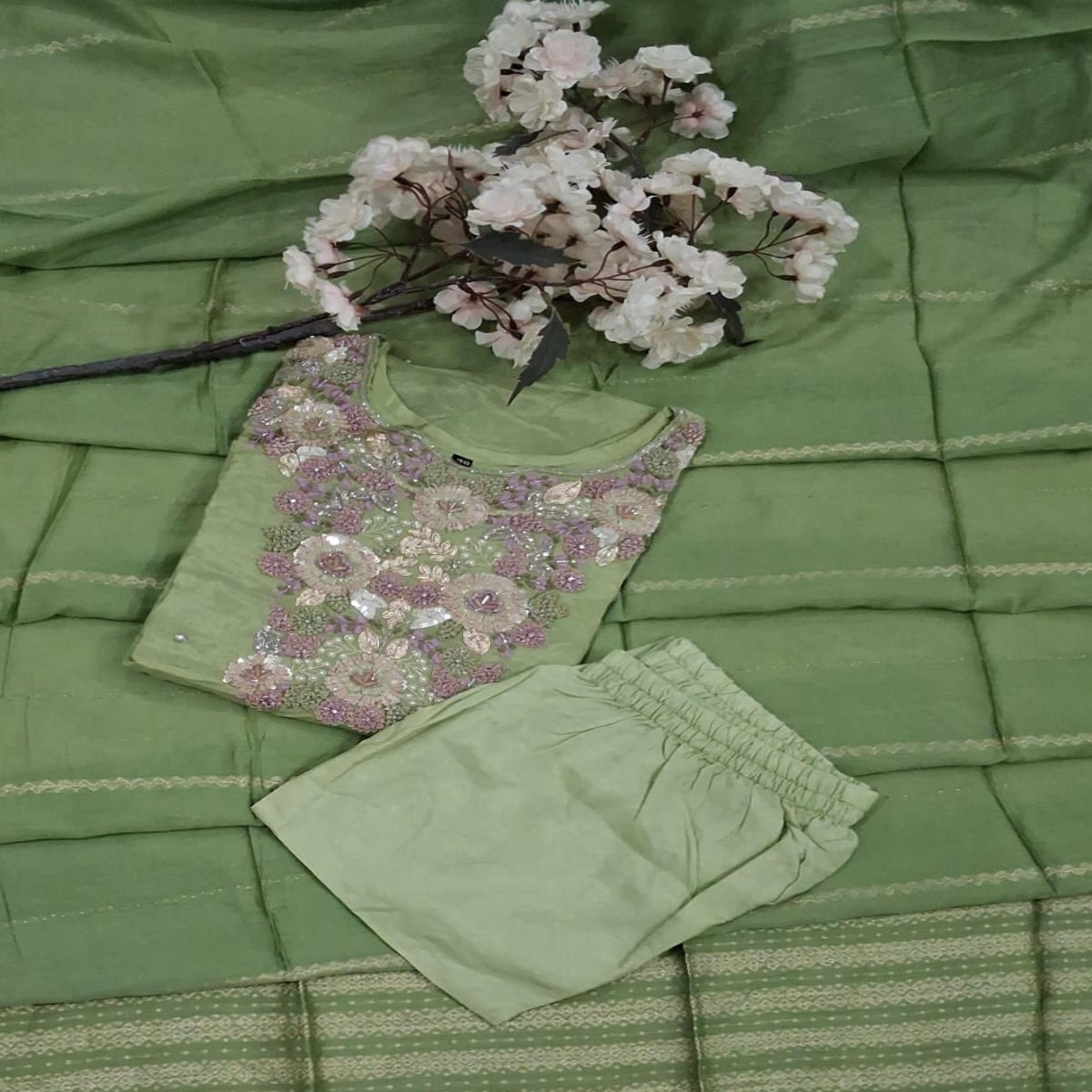 Pastel Green Embroidered Cotton Suit Set