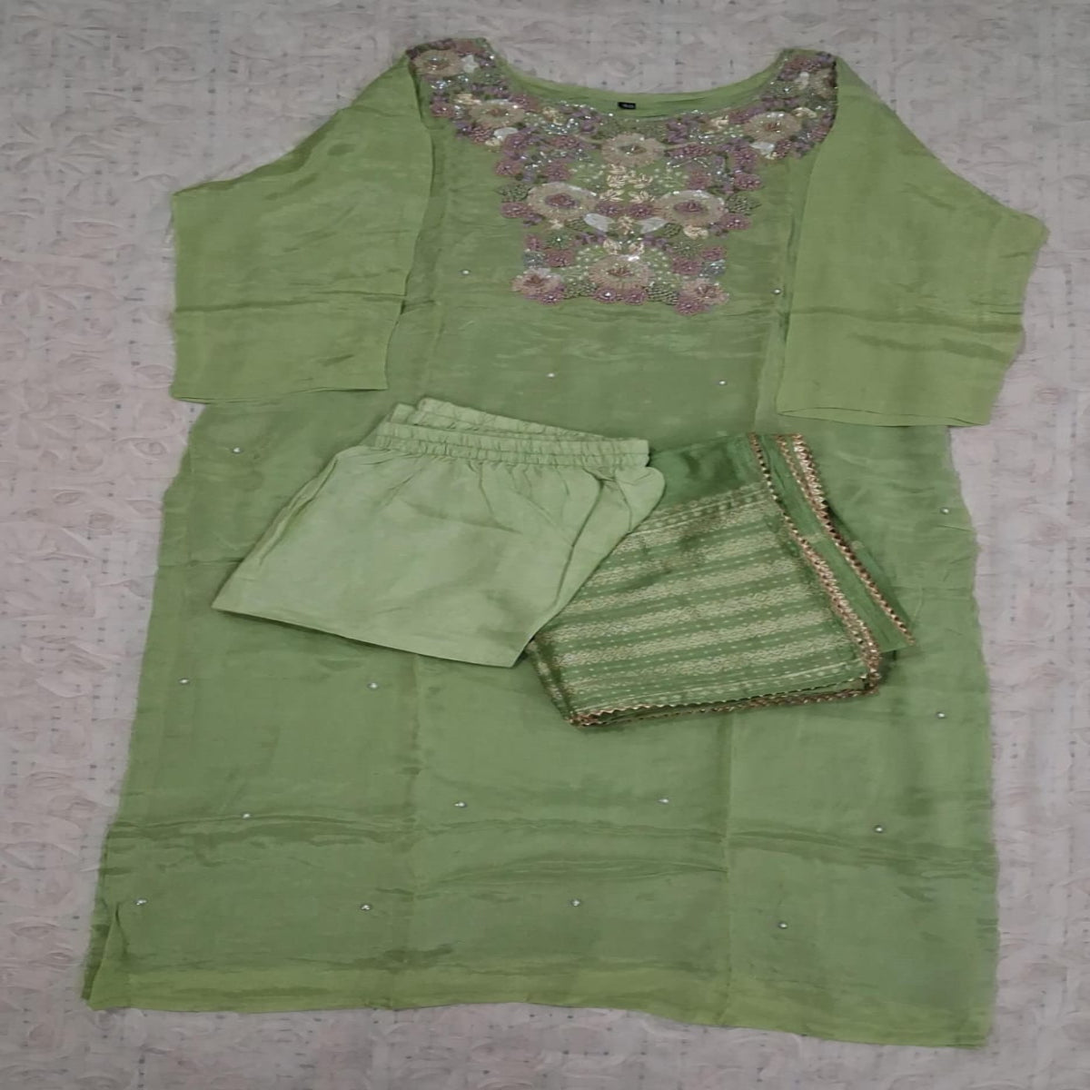 Pastel Green Embroidered Cotton Suit Set