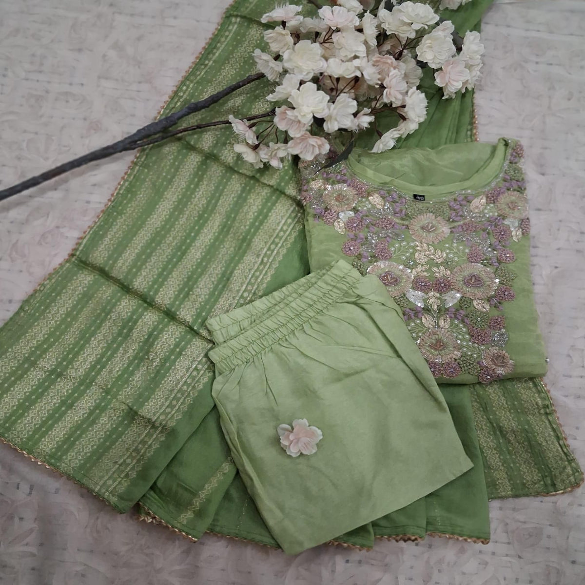 Pastel Green Embroidered Cotton Suit Set