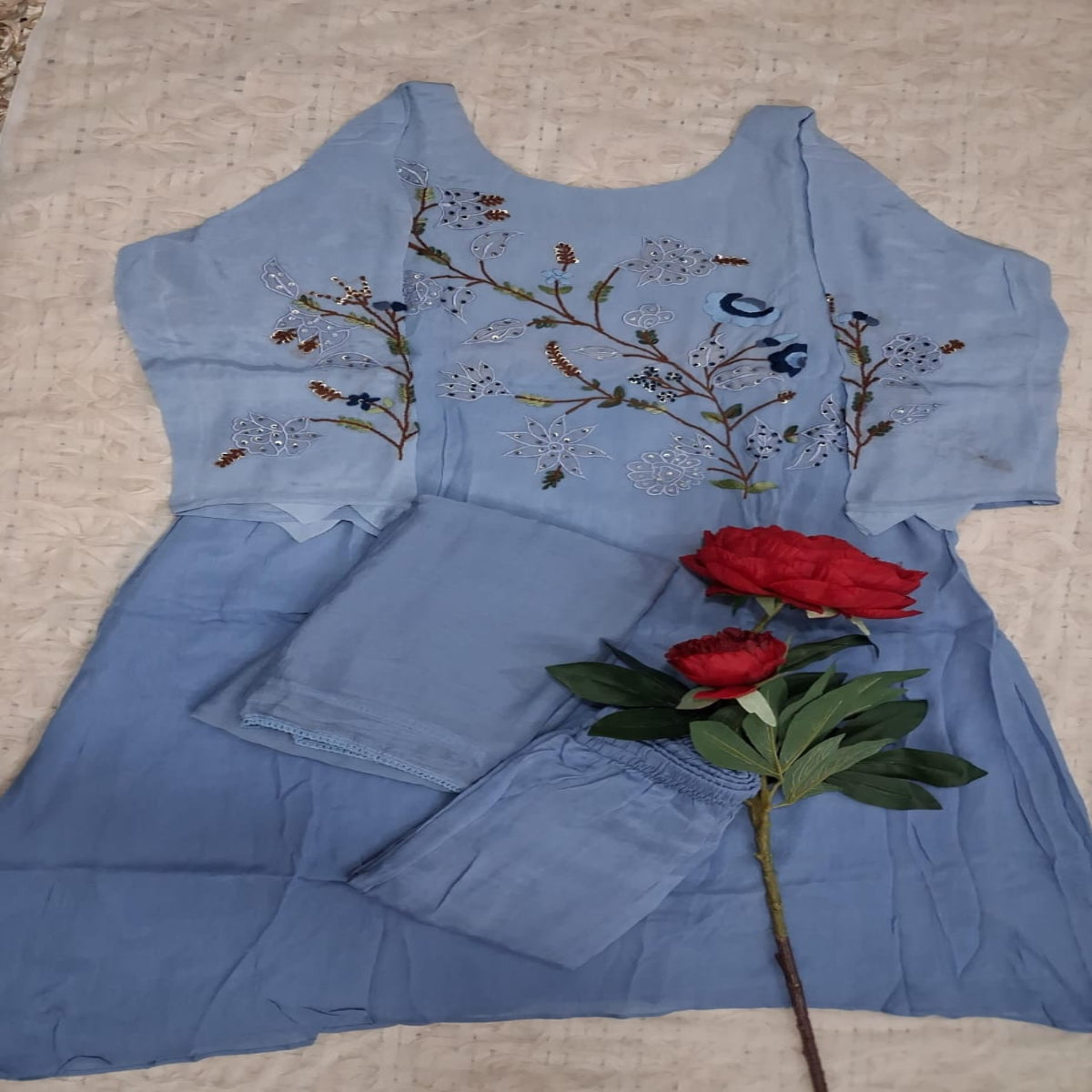 Powder Blue Applique Embroidery 3 Piece Set