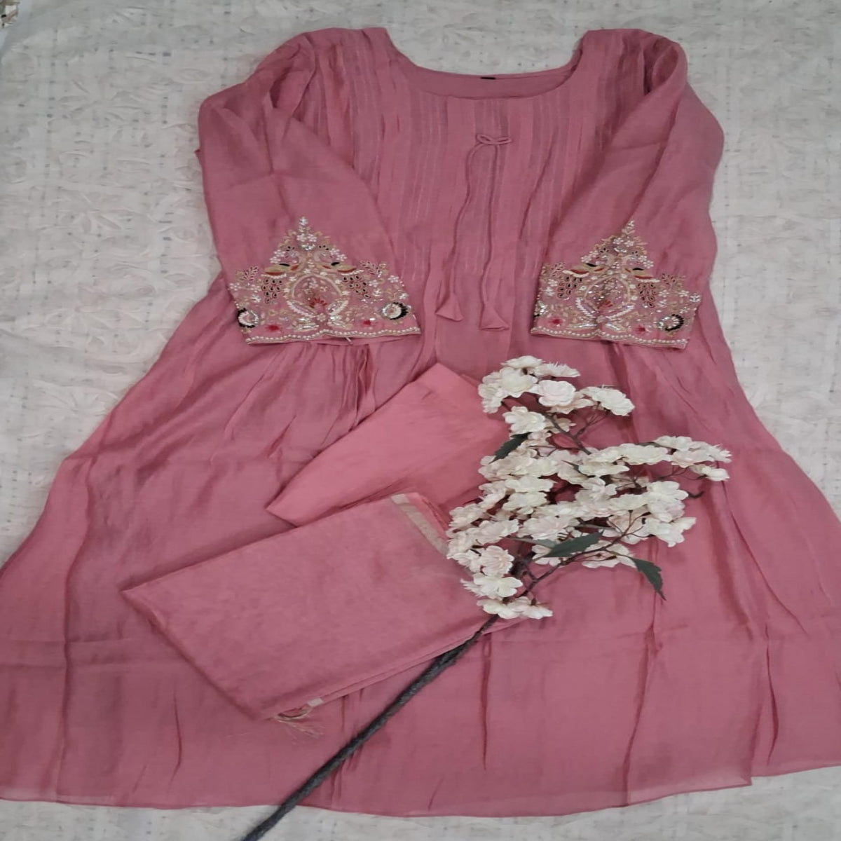 Rose Pink Mulchanderi 3-Piece Suit Set