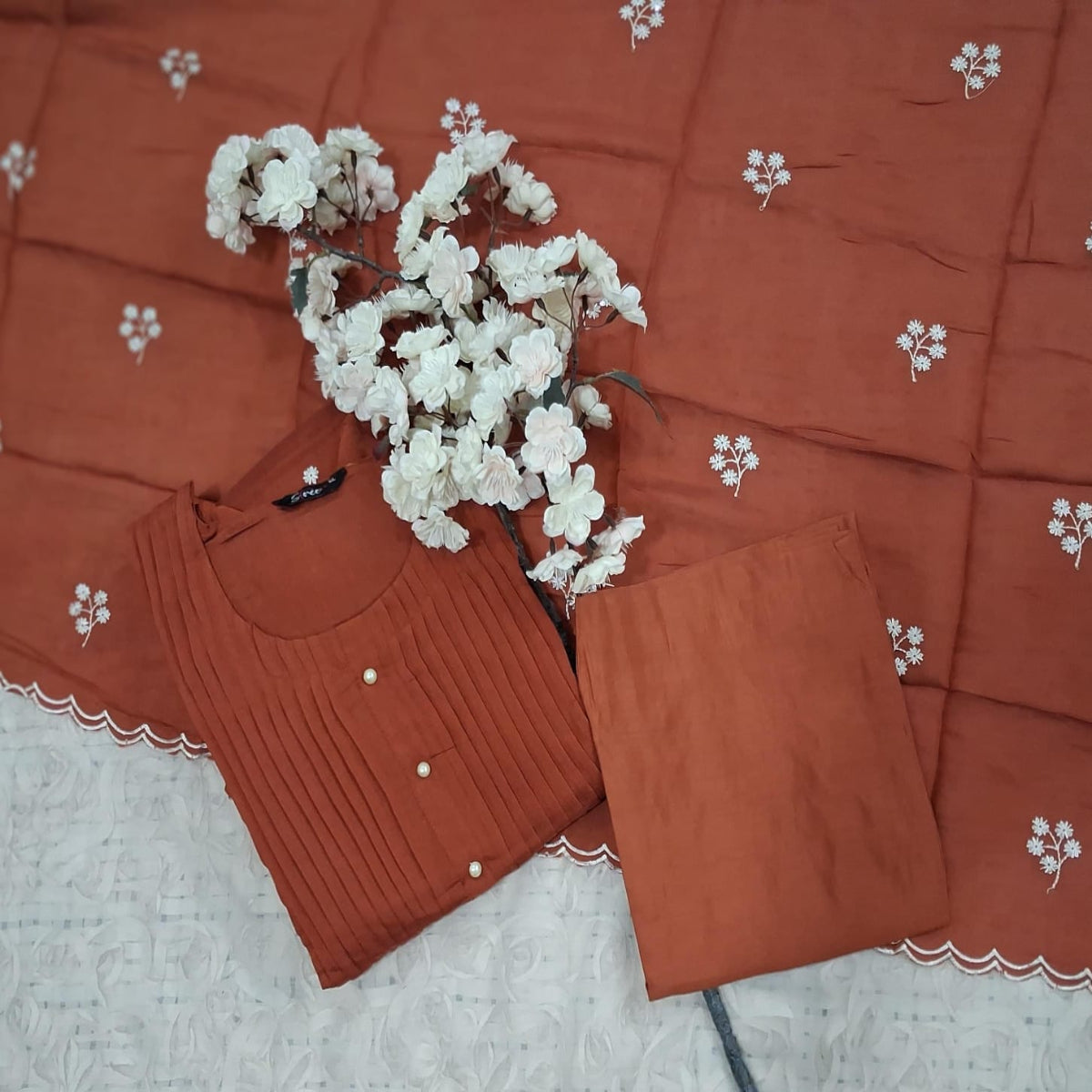 Rust Brown Pleated Cotton 3 Piece Set