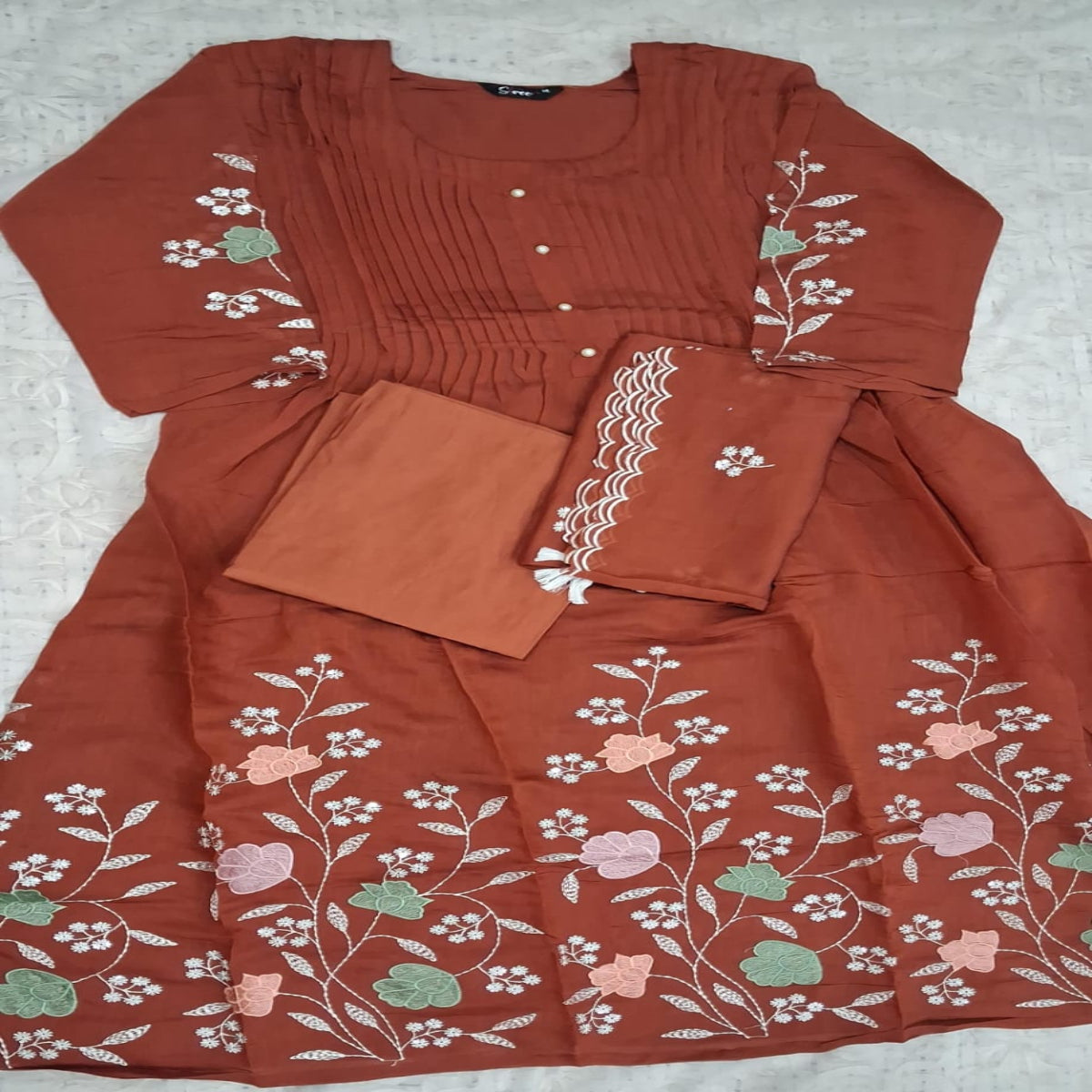 Rust Brown Pleated Cotton 3 Piece Set
