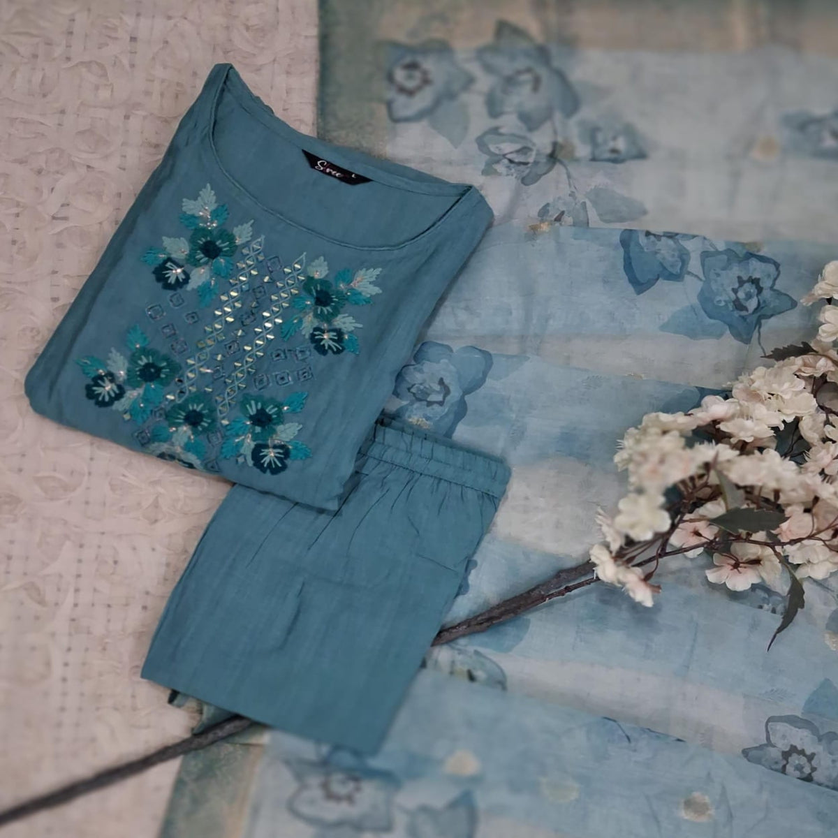 Sky Blue Embroidered Work Cotton 3 Piece Set