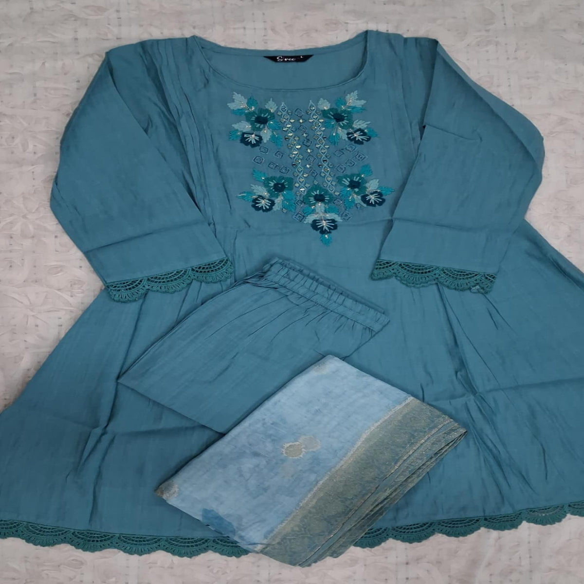Sky Blue Embroidered Work Cotton 3 Piece Set