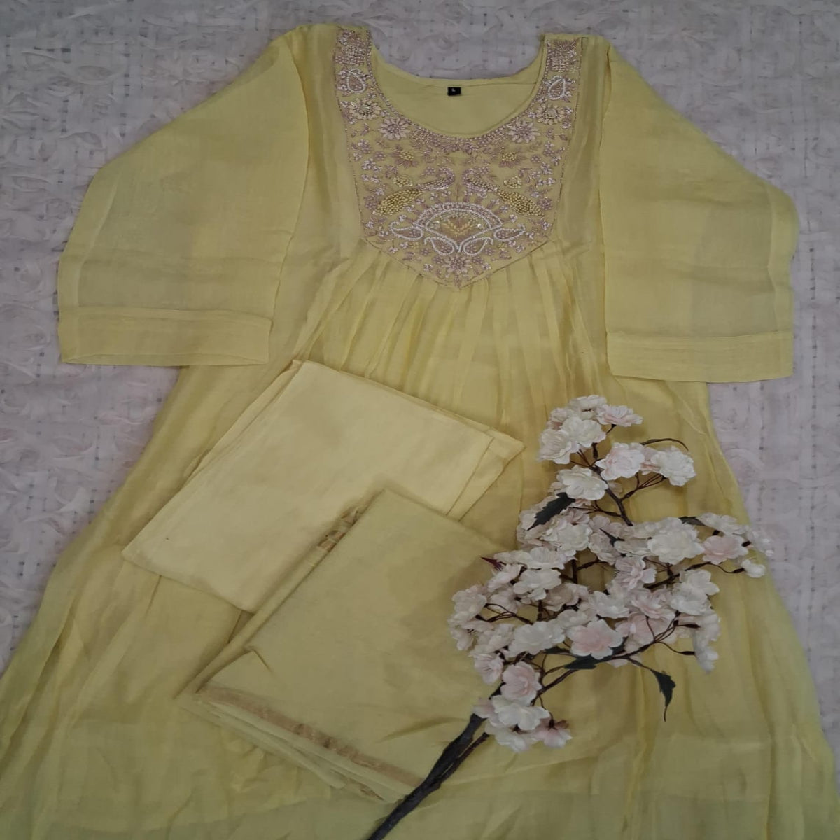 Sunshine Yellow Embroidered Cotton3-Piece Suit Set