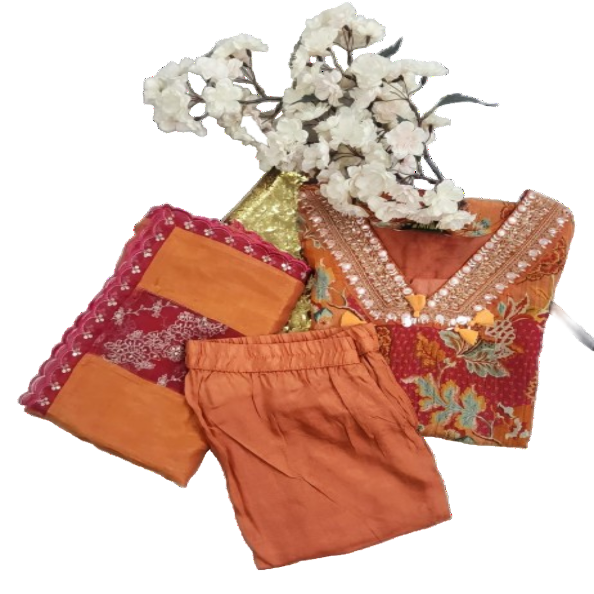 3PC V-Neck Floral Orange