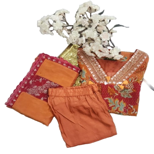 3PC V-Neck Floral Orange