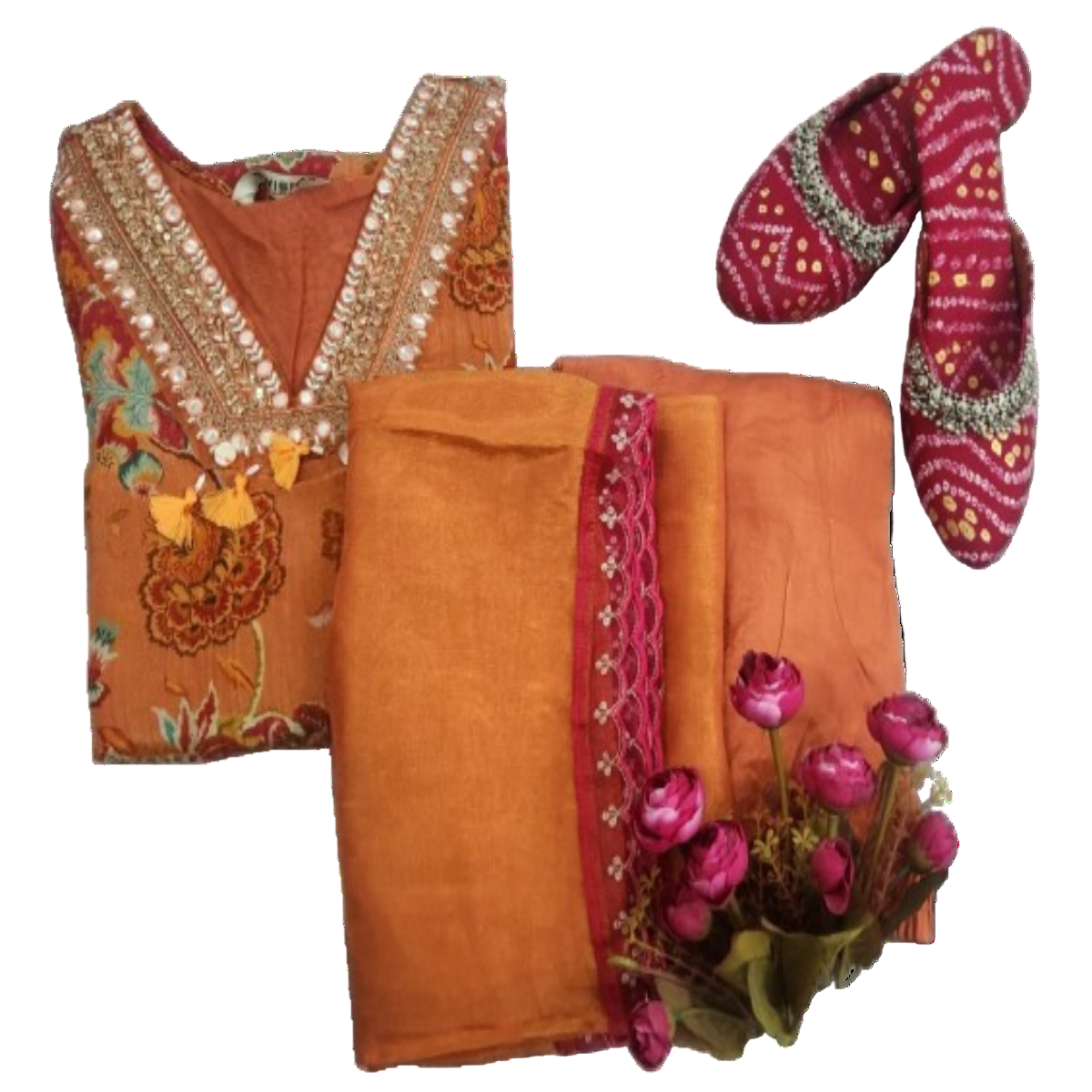 3PC V-Neck Floral Orange