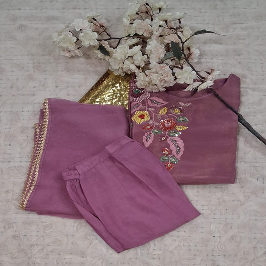 Mauve Hand-Embroidered Tissue 3-Piece Suit Set