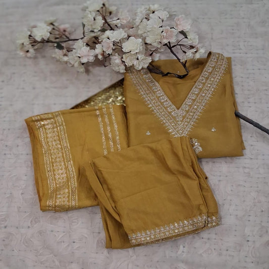 Mustard Yellow Embroidered Roman Silk 3 Piece Set