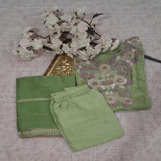 Pastel Green Embroidered Cotton Suit Set