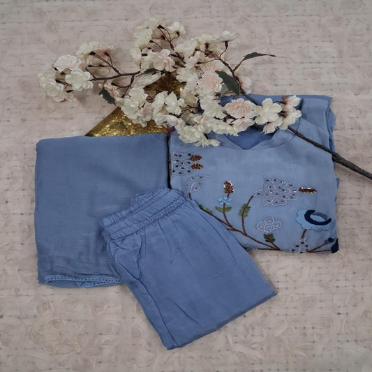 Powder Blue Applique Embroidery 3 Piece Set