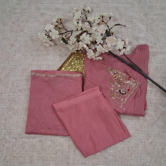 Rose Pink Mulchanderi 3-Piece Suit Set