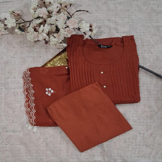 Rust Brown Pleated Cotton 3 Piece Set