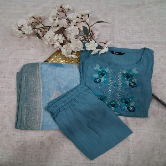 Sky Blue Embroidered Work Cotton 3 Piece Set
