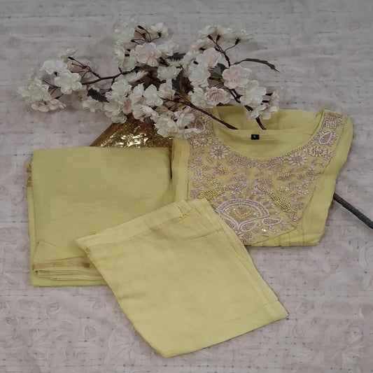 Sunshine Yellow Embroidered Cotton3-Piece Suit Set